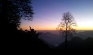 le silhouette dei ragazzi e l'albero al tramonto