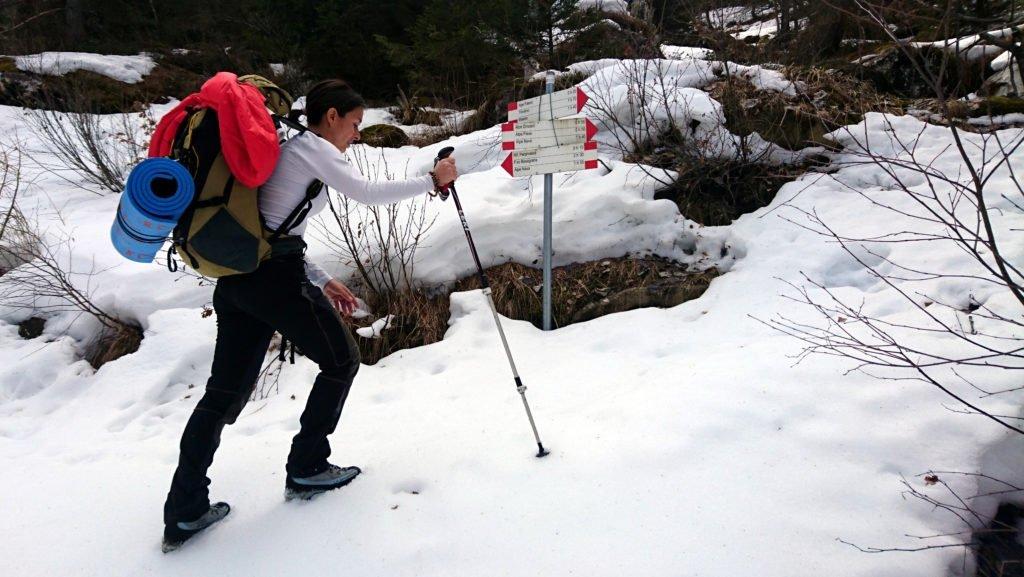 eccoci al nostro bivio: avendo scelto di affrontare l’ingresso passando per la porta di Regozzale ci dirigiamo verso l’Alpe Drisoni e Nava. Davanti a noi intravediamo una traccia semicoperta da accumuli di neve