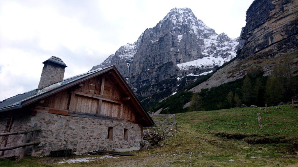 Scorcio della malga con le dolomiti ancora belle innevate sullo sfondo