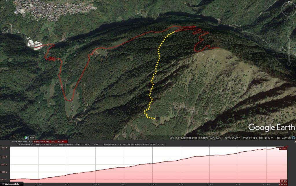 mappa: in rosso la salita per il Pizzo d'Alben, in giallo la deviazione che è possibile prendere dall'Alpe Chiarino per arrivare al Faggio del Piancone