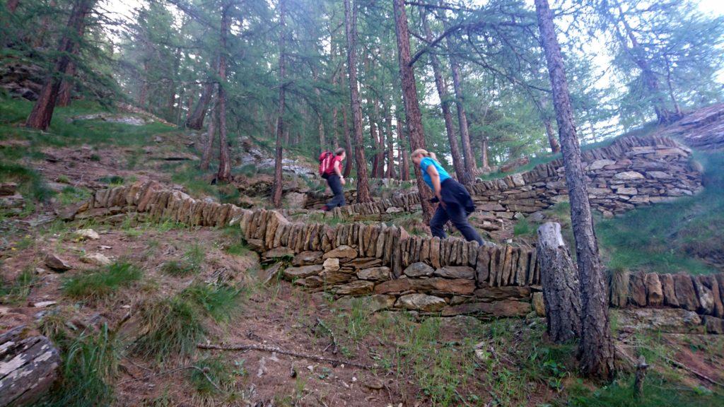 Luca e la Eli in risalita lungo i tornanti della ripida mulattiera nel bosco, in direzione del rifugio Chabod