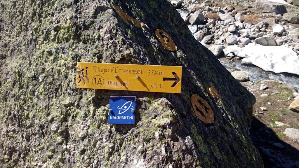 Ecco l'indicatore del sentiero che porta al Vittorio Emanuele. Bisognerà guadare il fiume in piena!