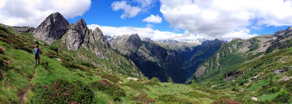 Bel panorama di Erica con la val di Mello sullo sfondo e il Disgrazia coperto dalle nubi