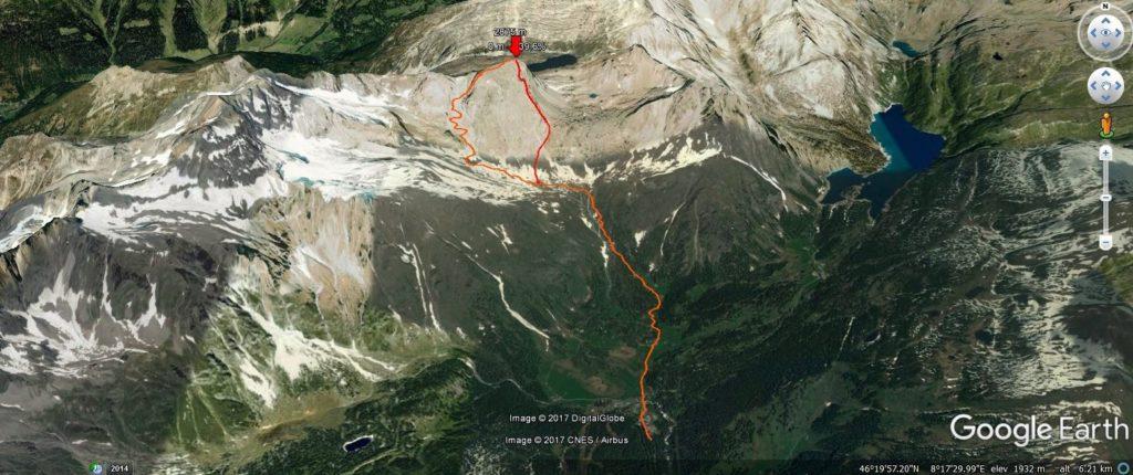 Il nostro giro riprodotto su google earth. A destra in rosso è segnato l&#039;itinerario di salita a partire dalla deviazione dal sentiero ufficiale