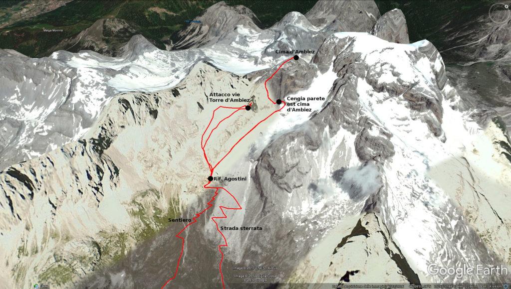 Dettaglio della sola parte alta: cima d'Ambiez e attacco arrampicate sulla torre d'Ambiez