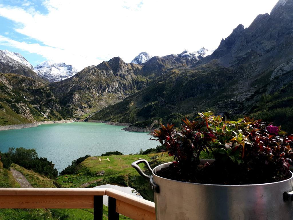 fioriera del rifugio con il lago di Barbellino