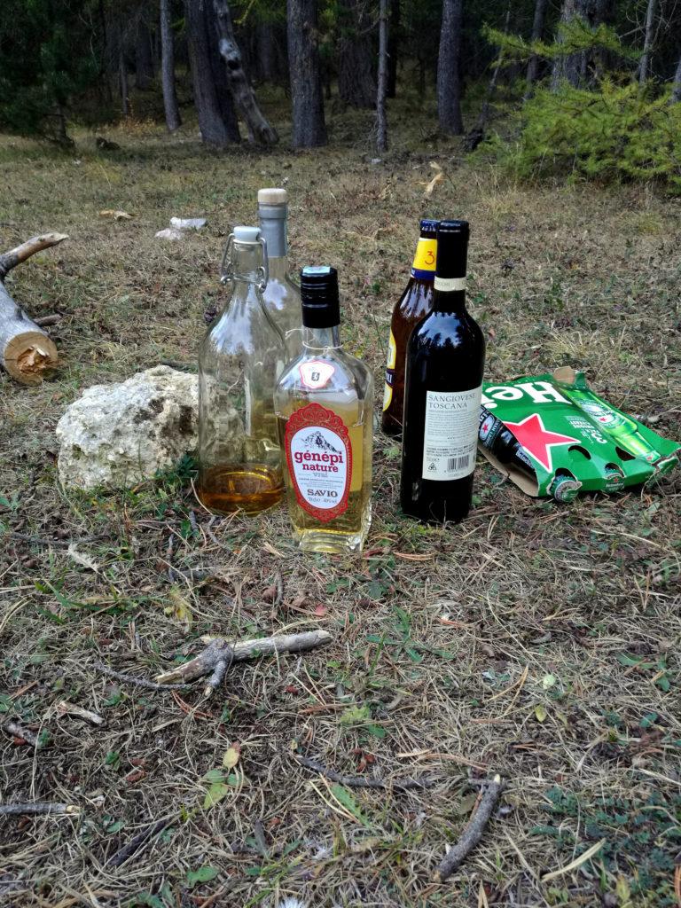 Le nostre scorte alcooliche per la serata prevedono: 3 birre da 33cl, 1 birra da 66cl, 1 bottiglia di sangiovese, 2 bottiglie di Merlot (non in foto), un assaggio di rakia, 1/4 di bottiglia di whisky e 3/4 di boccia di genepi. A posto così..... ;)