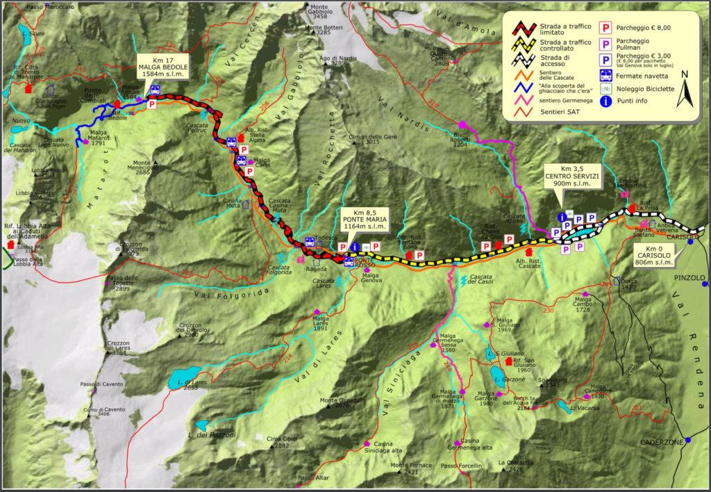 Mappa della val Genova e delle sue traverse. Il nostro giro è ricalcato in viola, nella parte superiore della cartina