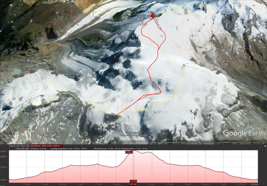 Mappa del nostro percorso. Dal Plateau Rosa alla cima del Breithorn Centrale