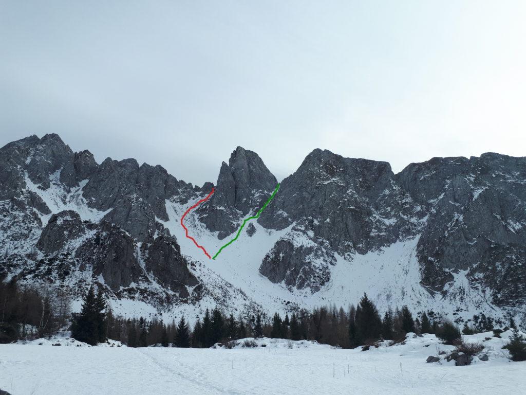 Panoramica del Cimon con il canale di salita (verde) e di discesa (rosso)