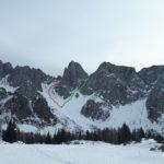 Il Canale Nord Ovest in verde, la via Normale in rosso