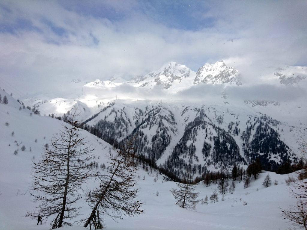 Vista sul lato opposto della valle. Inutile dirlo, lì c&#039;è il sole. Ma sui versanti nord la neve è sempre migliore ;)