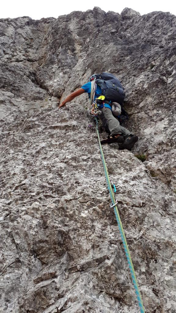 Gab all&#039;attacco del tiro finale, appena sotto al diedro strapiombante che ne determina l&#039;uscita