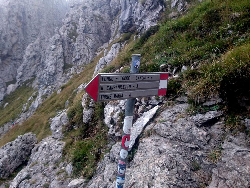 Dopo 1h e spiccioli arriviamo al bivio ben segnalato dove si scende verso il nostro gruppo di pilastri