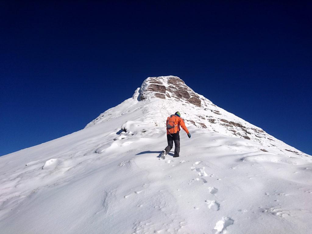 ultimi metri di cresta, poi dovremo attraversare a sinistra per raggiungere un pendio meno verticale che ci condurrà in vetta