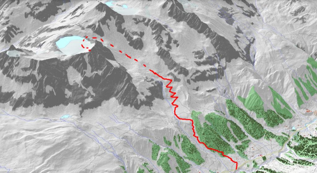 Mappa del percorso. Il pezzo tratteggiato è quello che non abbiamo fatto in tempo a fare