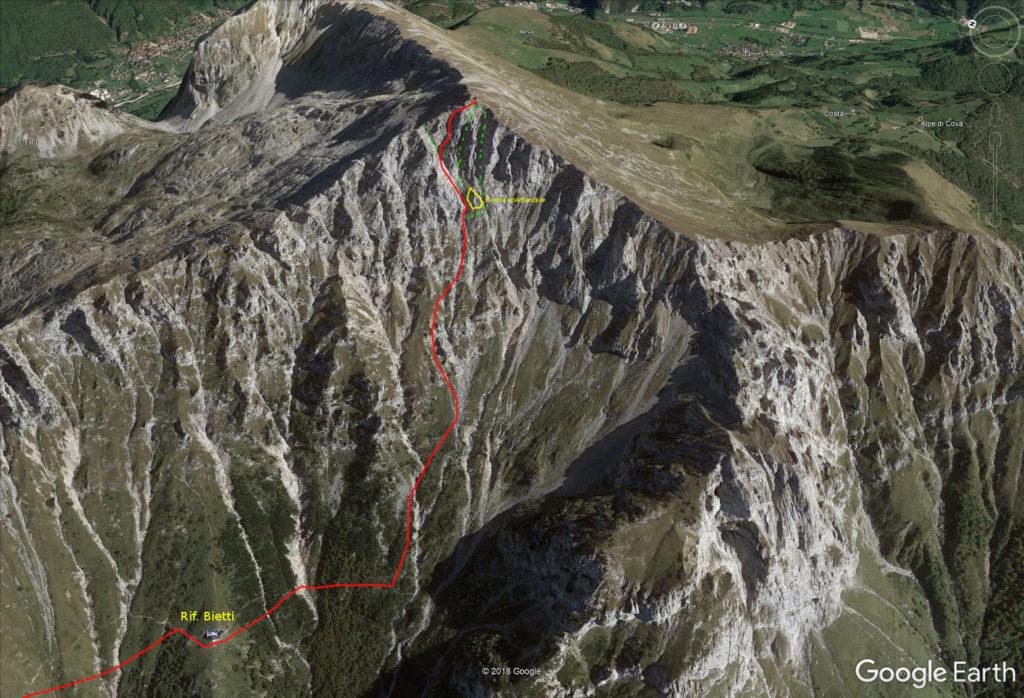 In rosso, il percorso del Canale Sinistro. In verde da sinistra, variante uscita facile, variante Zucchi (dura) e Canale Ovest