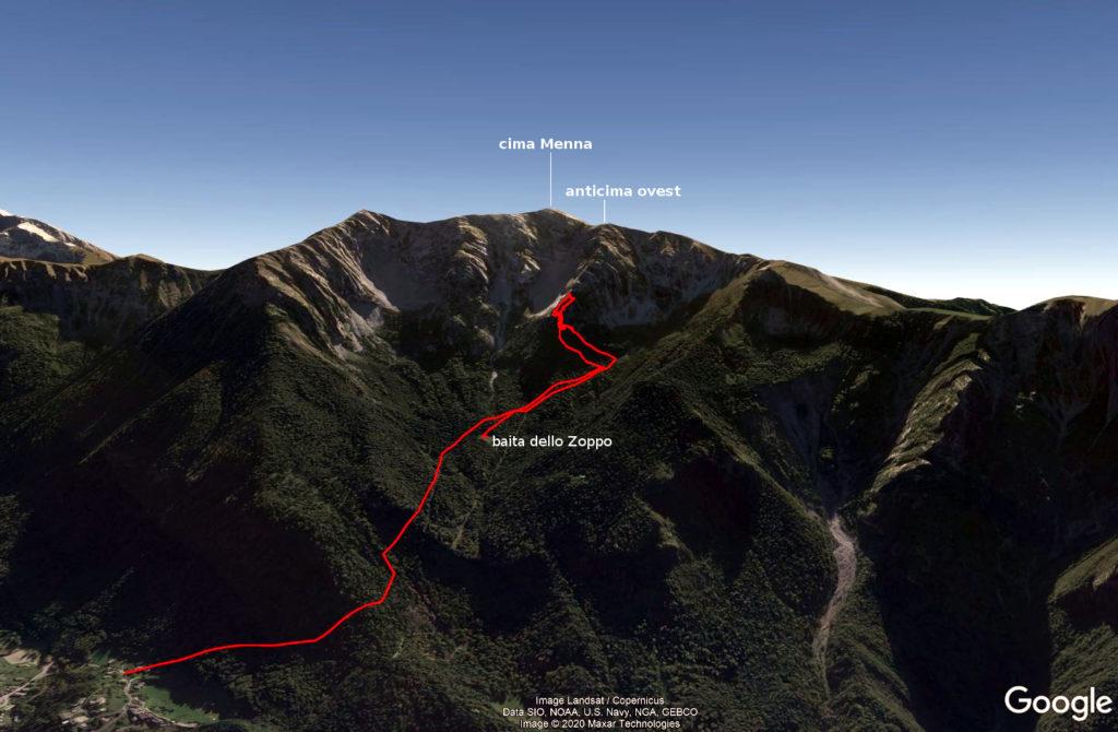 la traccia gps che parte dalla Baita dello Zoppo sino al punto in cui abbiamo abbandonato e ritorno, fino invece al parcheggio