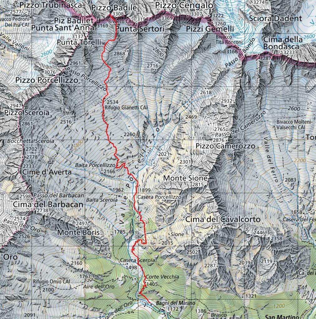 Il lungo percorso verso il Pizzo Badile riportato sulla mappa Svizzera