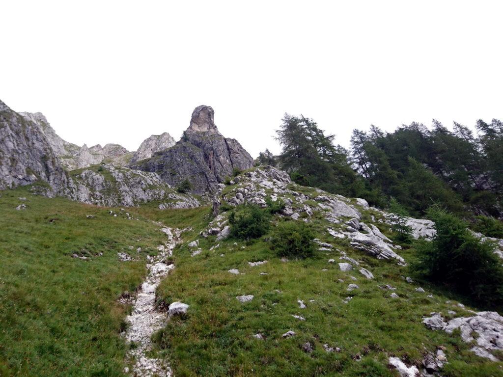 Scendiamo per prati a tratti molto ripidi e sfasciumi. Guardando in su si vede un pezzo di montagna che è crollato lasciando una specie di grotta gigante