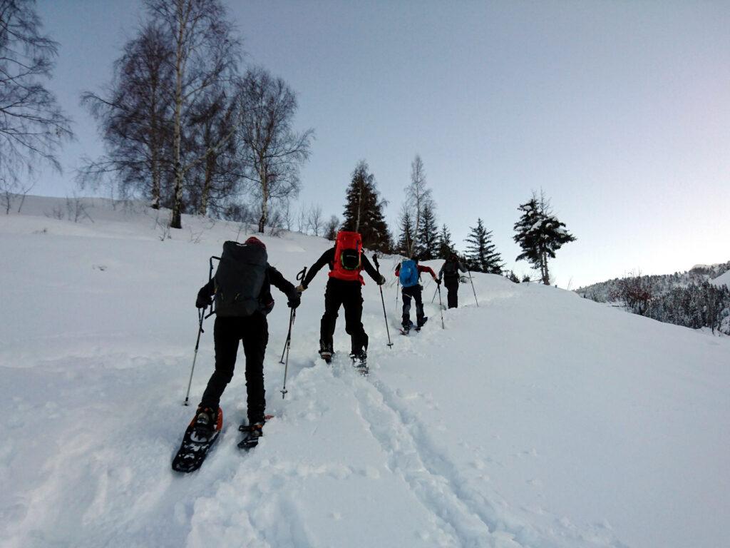 snowboarders e unica povera ciaspolatrice in risalita