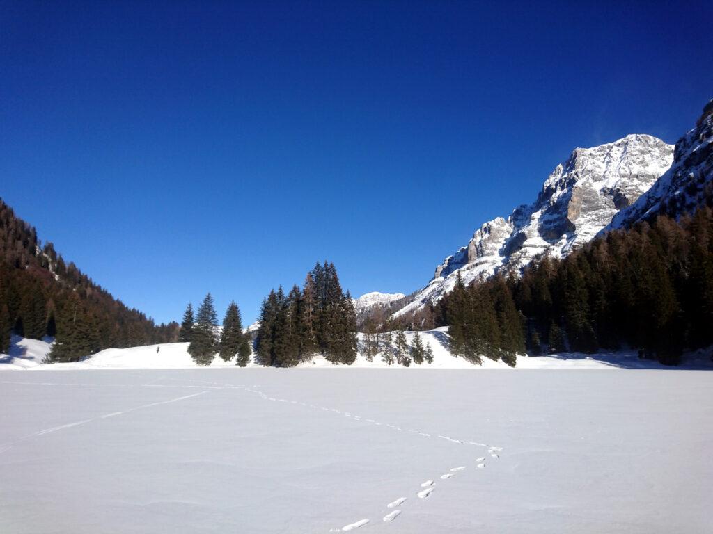 Le orme di Erica e la traccia dei miei sci in mezzo al lago