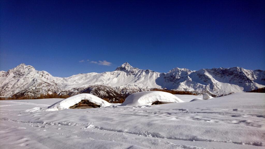 Le baite dell'Alpe Campolungo con il Pizzo Scalino sullo sfondo