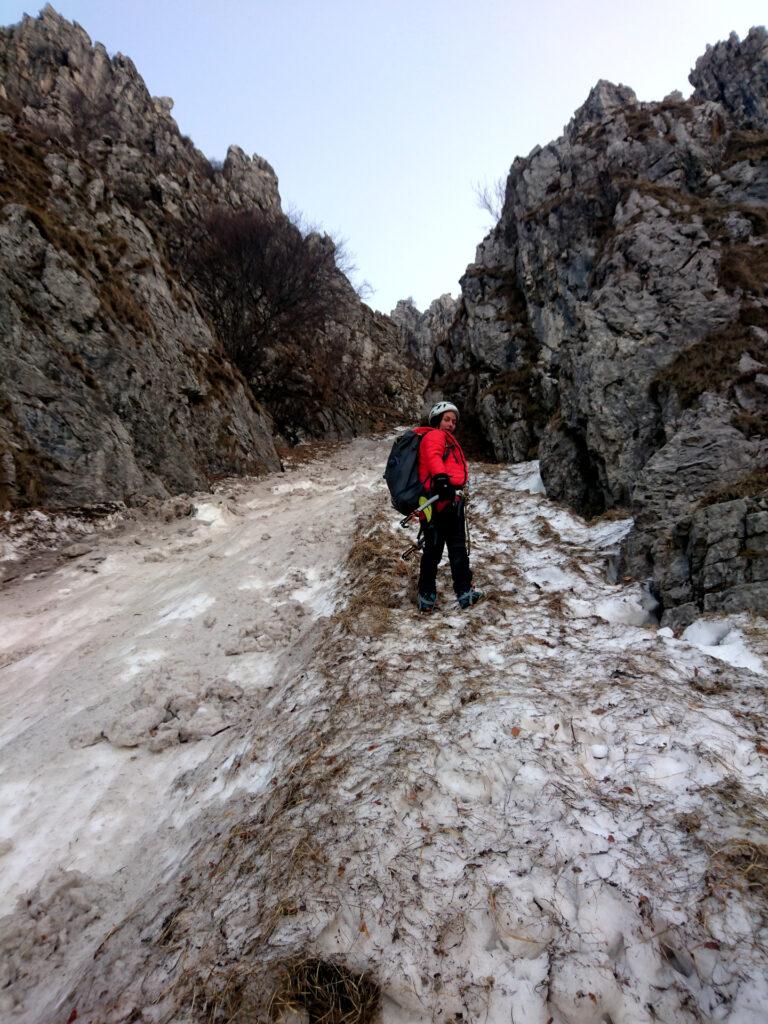 Erica all'attacco del canale. Qui le pendenze sono sempre modeste, mai sopra ai 40°