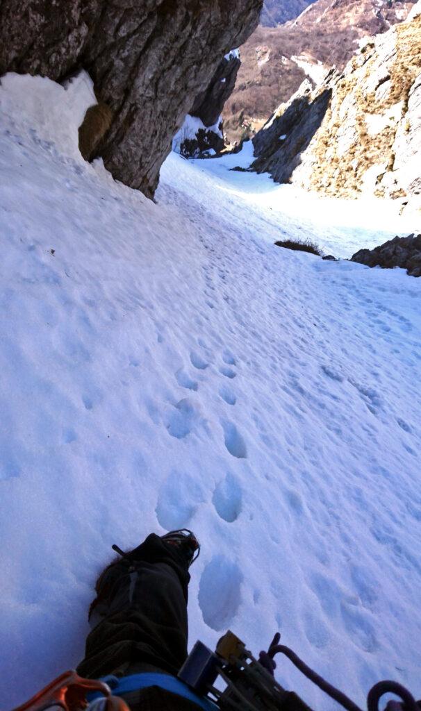 verso l'uscita le pendenze aumentano un po'. Siamo attorno ai 50° con qualche tratto a 55° di pochi metri