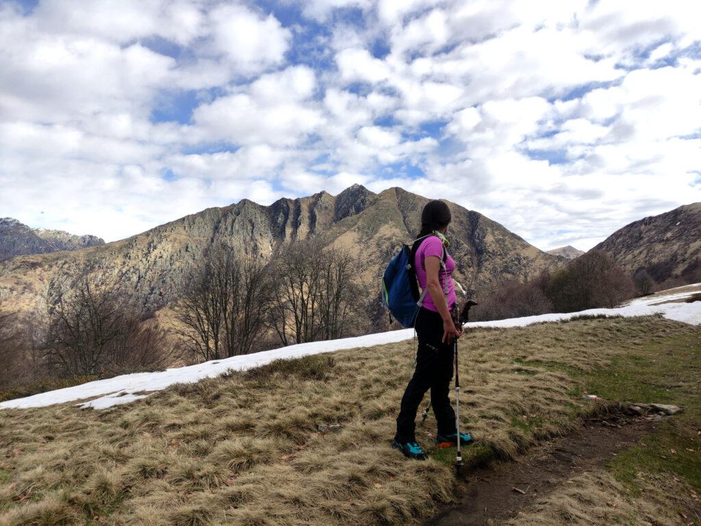 Erica all&#039;alpe Curgei dà un primo sguardo verso la nostra cima di oggi