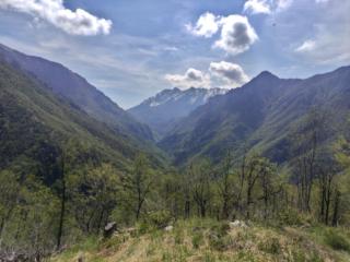 Vista dall'alto verso il proseguimento della val Parina e sullo sfondo il Monte Croce all'Alben