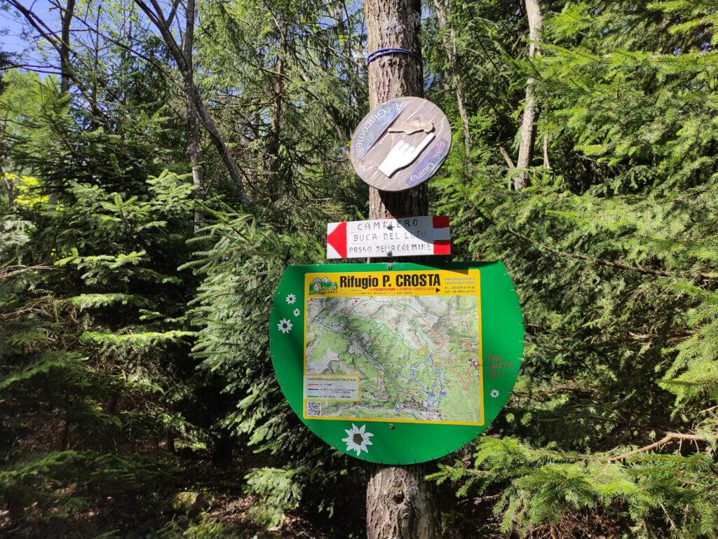 seguendo il sentiero indicato si percorre la via più lunga e più semplice per arrivare al Rifugio Crosta; noi opteremo invece per la direttissima