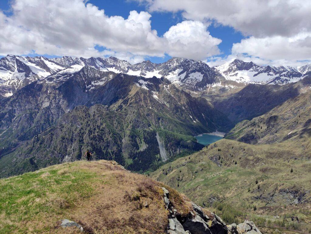 Erica sbuca sulla cresta al termine della ripida salita per prati. Sullo sfondo l&#039;alta valle Antrona