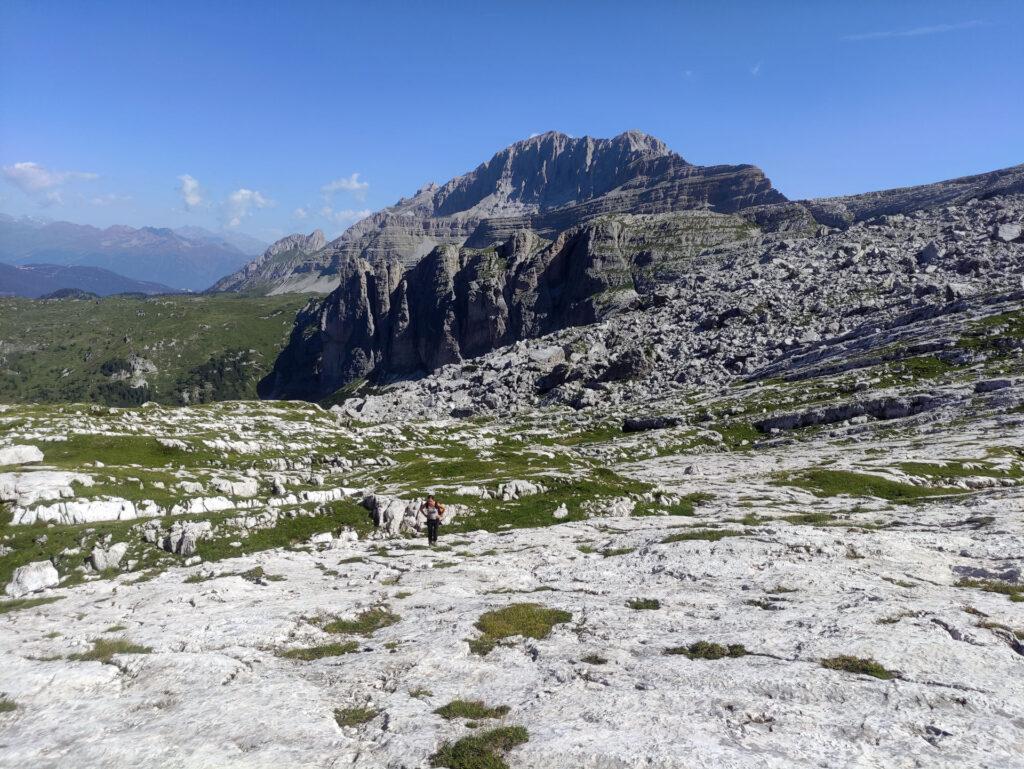 Abbandonato il sentiero si risale per questi pianoni rocciosi fino al canalone che immette verso la vedretta di Vallesinella