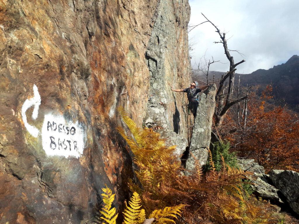 Gab osserva il percorso di un&#039;altra via che sale più verticale della nostra, immerso tra i colori fosforescenti delle felci