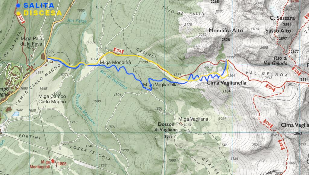 La mappa del nostro percorso con in blu la linea di salita e in giallo quella di discesa
