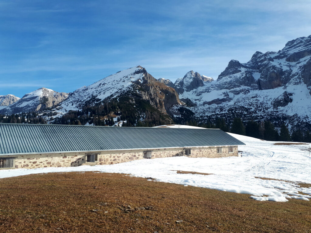 al centro della foto la Pala dei Mughi: il versante che si sale è ovviamente quello innevato