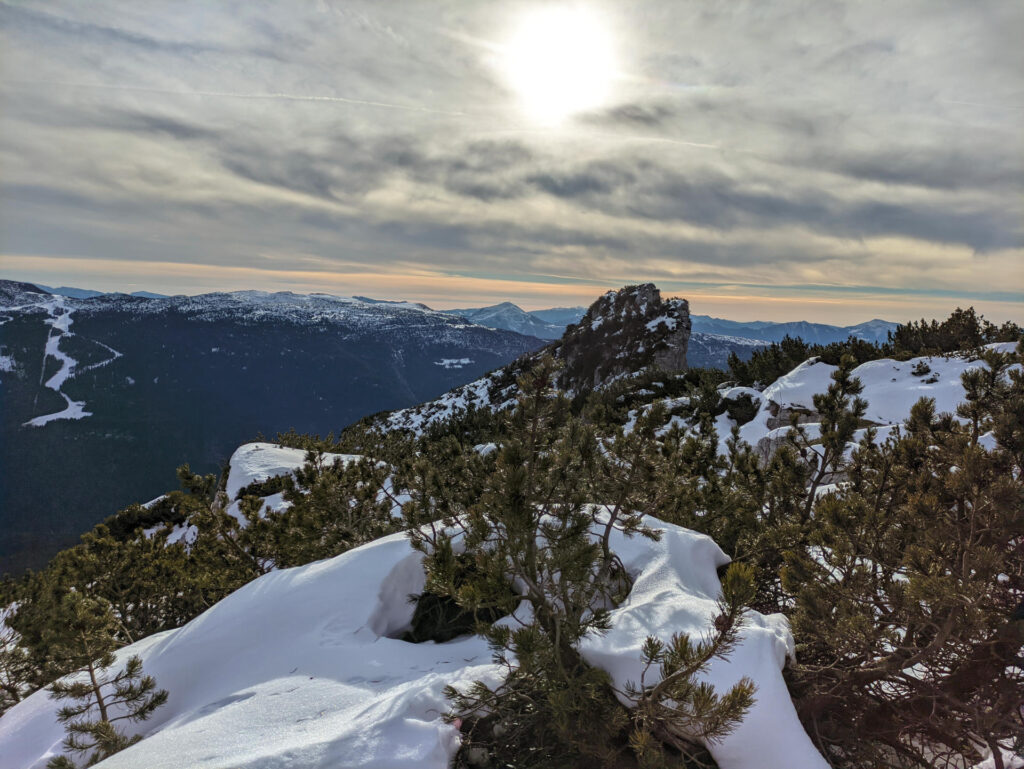 Bel controluce tra i mughi una volta raggiunta la piana alta