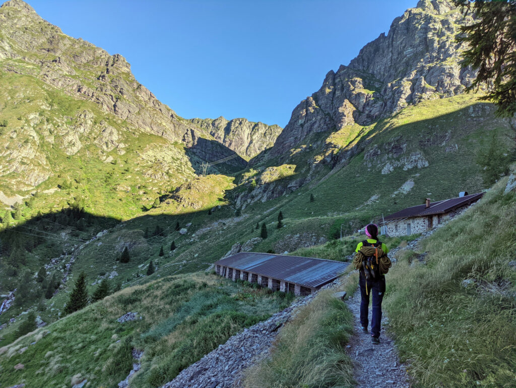 Erica all'arrivo del primo alpeggio, dopo pochi minuti di cammino. Sullo sfondo si vede già la nostra cima