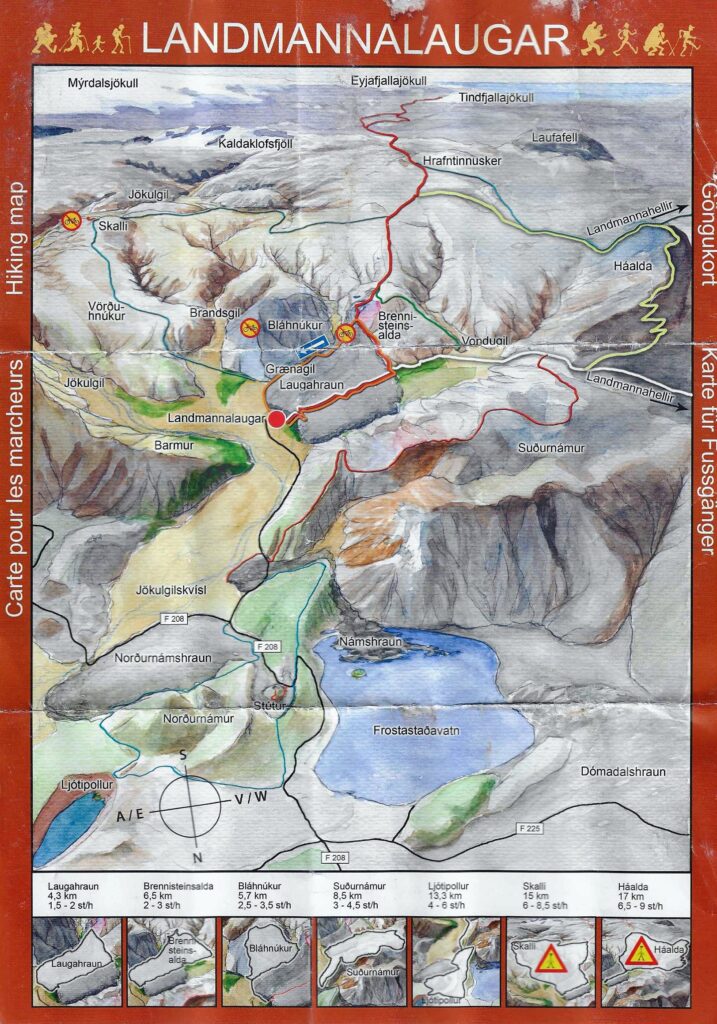 La mappa dei sentieri che troverete a Landmannalaugar con i colori delle varie tracce