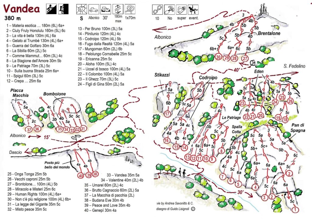 Schema delle vie di Vandea, vecchia edizione. I disegni sono a cura di Guido Lisignoli. La pubblicazione della foto ci è stata gentilmente concessa da Andrea Savonitto. Sappiate che questa guida NON E&#039; AGGIORNATA (2024) - difatti la nostra via ad esempio non c&#039;è ;)