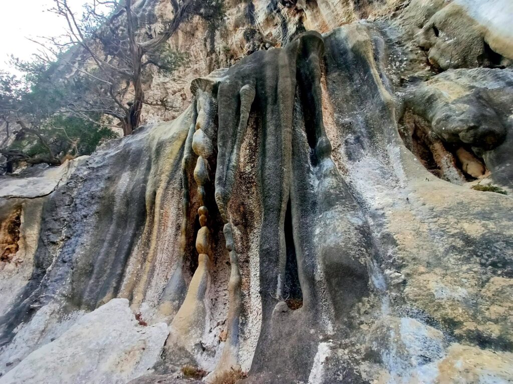 prima di arrivare alla falesia vera e propria il canyon offre formazioni calcaree che sembrano sculture