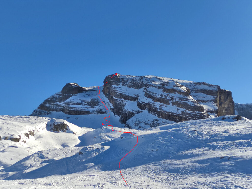 Il tracciato del nostro percorso. Il pezzo tratteggiato è il canalino alpinistico