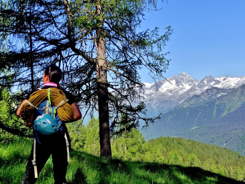 Erica con la Presanella lungo il sentiero di avvicinamento