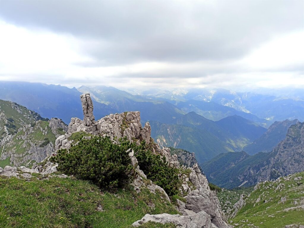 Dopo altri 2-3 tiri tra sfasciumi, fragili muretti e rampe si giunge a questa ampia cengia erbosa