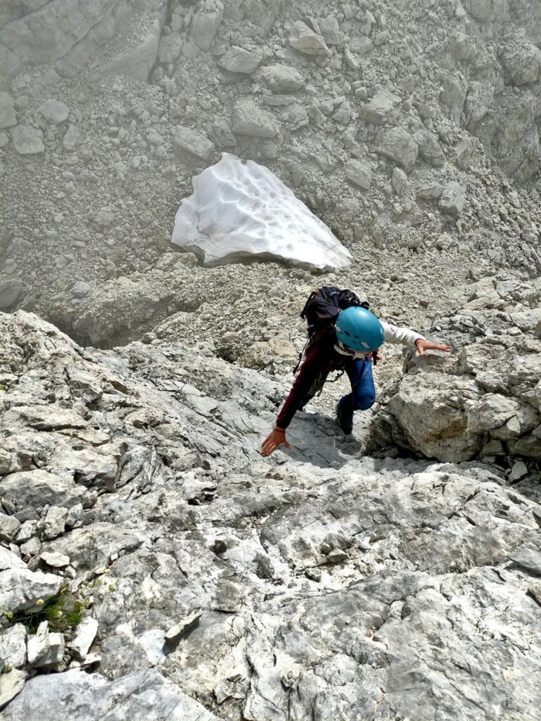 Giunti alla selletta (dove spesso si incontra un po&#039; di neve) bisogna salire a sinistra per roccette fino in cima