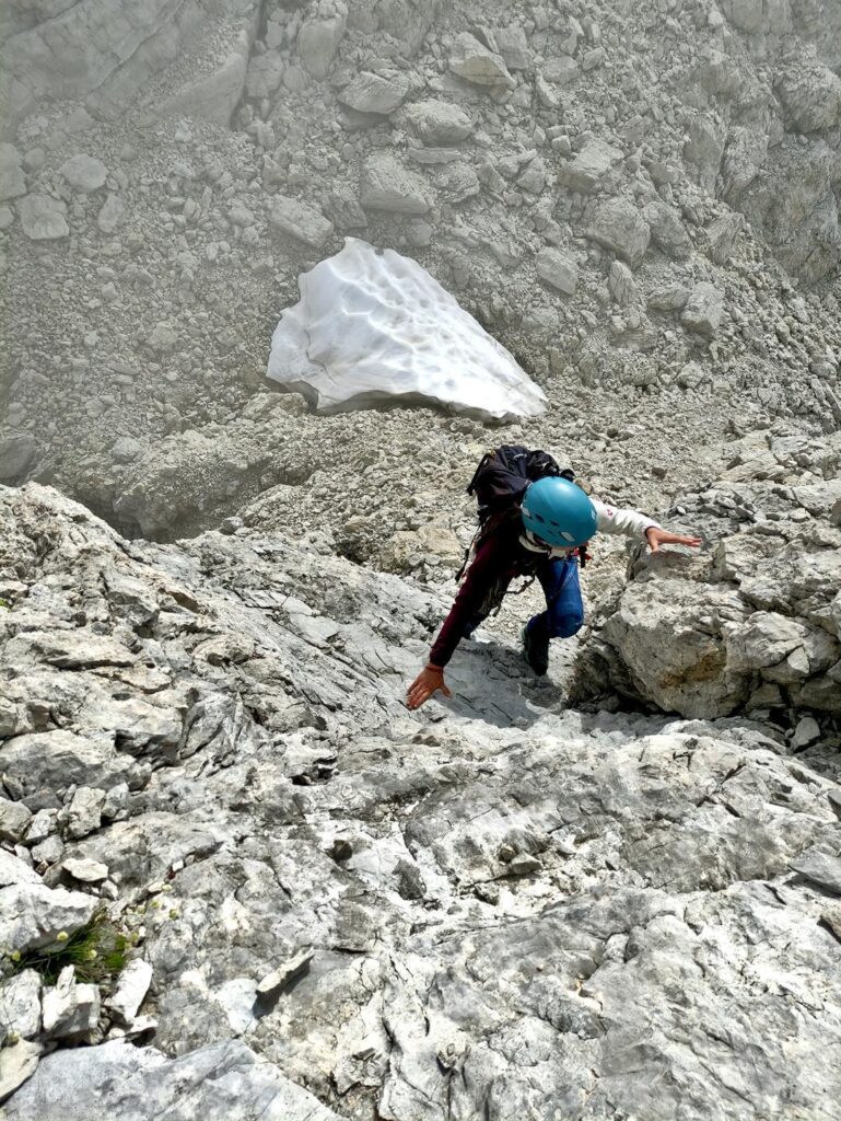 Giunti alla selletta (dove spesso si incontra un po' di neve) bisogna salire a sinistra per roccette fino in cima