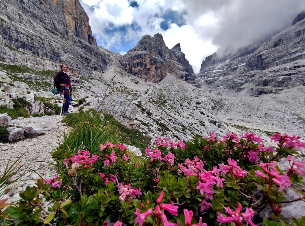 A sinistra il nostro canalino di discesa, al centro la pinna di squalo della Cima Sella e alla sua destra la Bocca di Tuckett (totalmente secca anche lei)