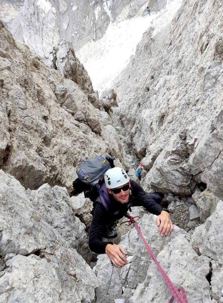 Andre in uscita dal tiro chiave della via Normale