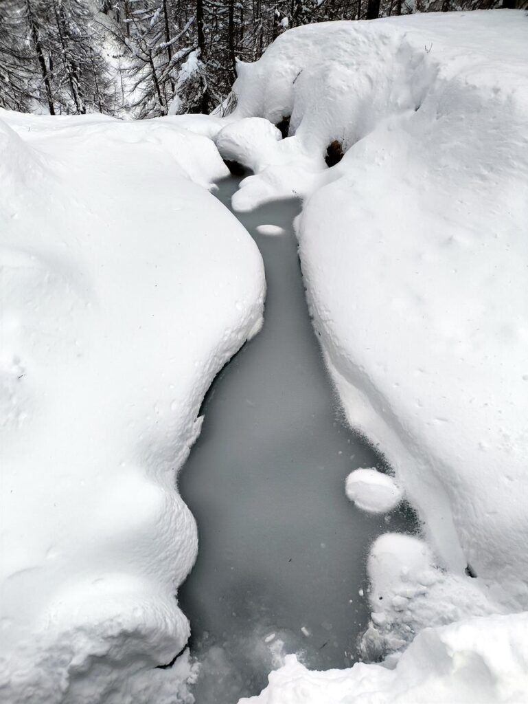 Scorci dei torrentelli ghiacciati circondati dalla neve nuova